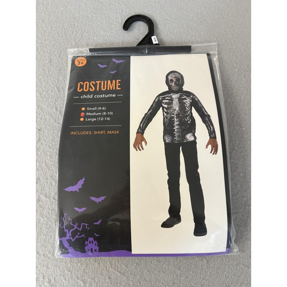 Skeleton Costume‎ Kids Medium 8-10 Black Shirt Mask Halloween Child Long Sleeve
